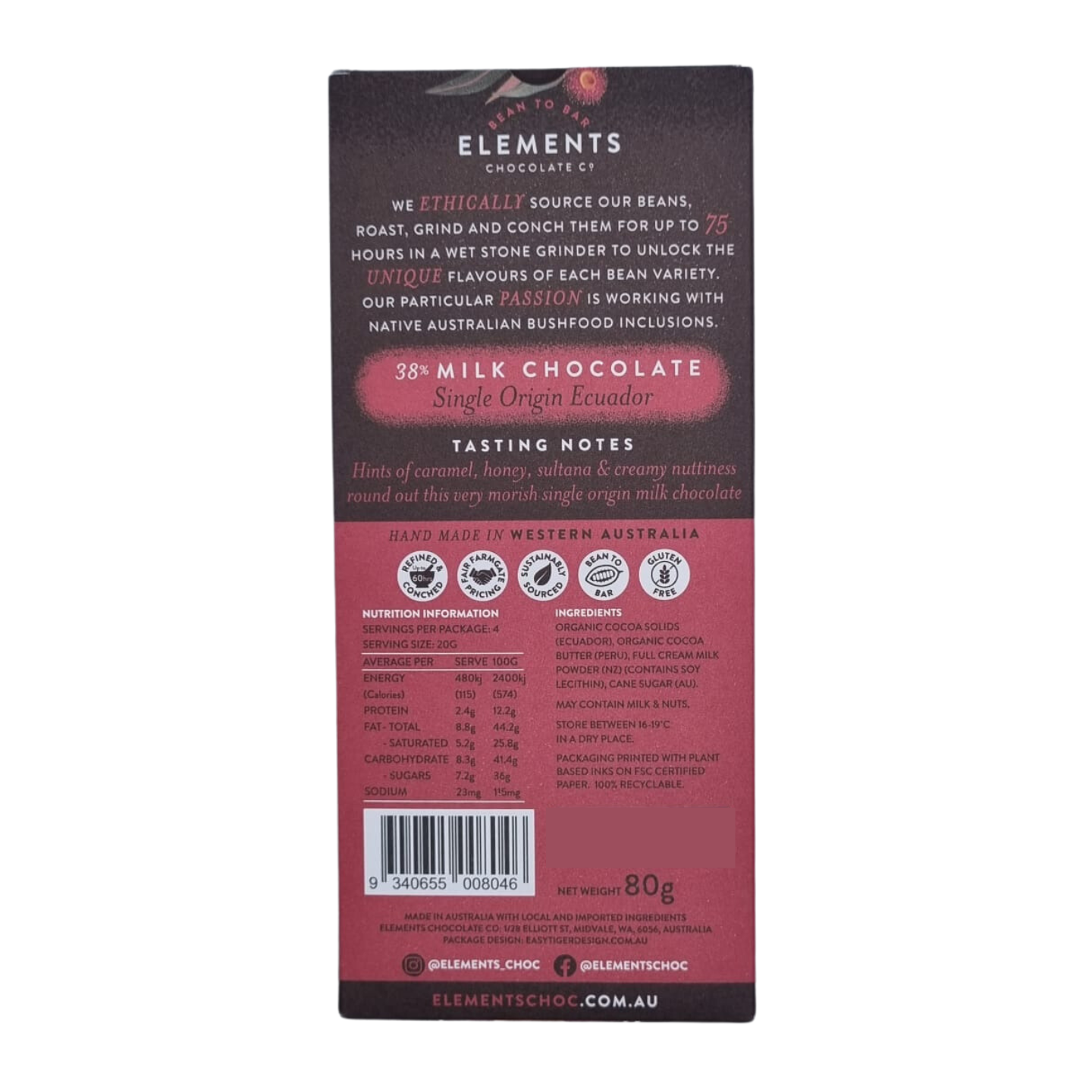 Elements 38% Creamy Ecuadorian Milk Chocolate 80g